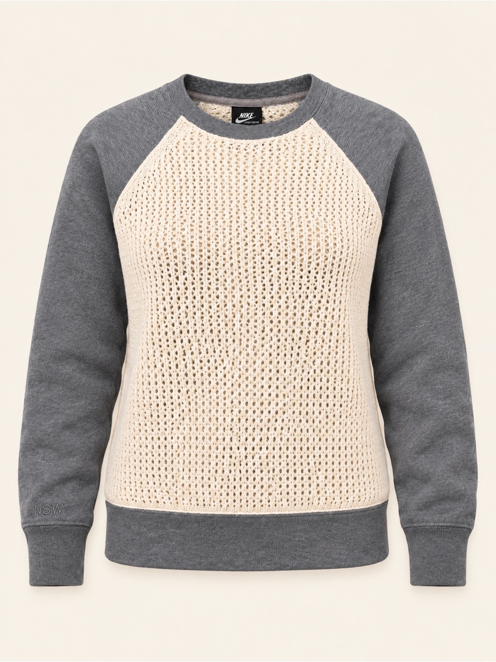 Nike NSW Mixed Media Open Knit Crewneck Sweater Gray Cream S